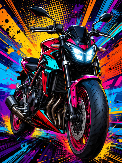 Adrenalina — cuadro pop art de moto deportiva en estallido de colores