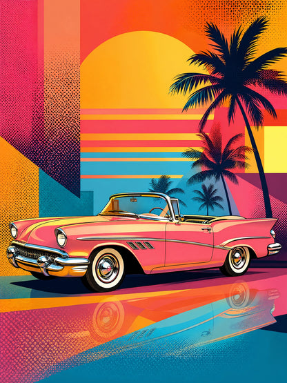 Atardecer Vintage — cuadro pop art de convertible clásico con palmeras