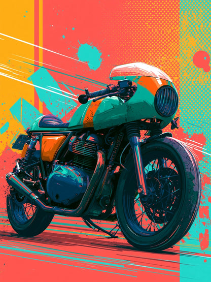 Café Racer — cuadro pop art de moto vintage en tonos pastel