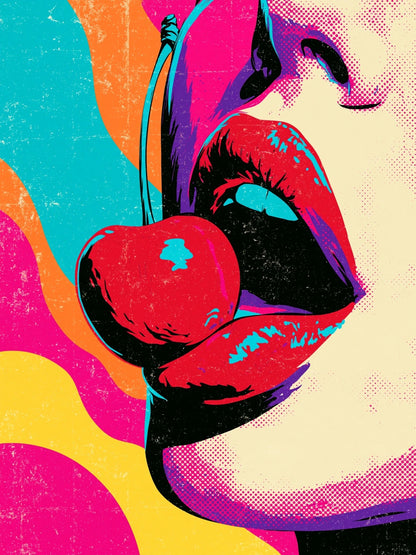 Cereza Pop — cuadro pop art de labios rojos con cereza