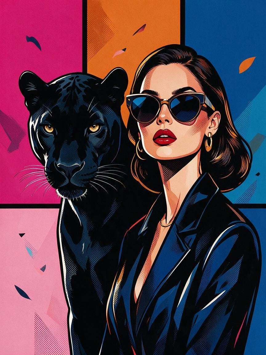 Elegancia Salvaje — cuadro pop art de mujer con pantera negra