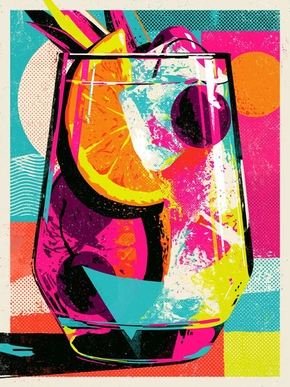 Hora Feliz — cuadro pop art de cóctel colorido para cocina o bar