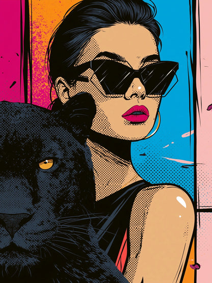Instinto — cuadro pop art de mujer con pantera en colores vibrantes