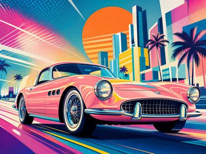 Ruta Miami — cuadro pop art de auto clásico al atardecer con palmeras